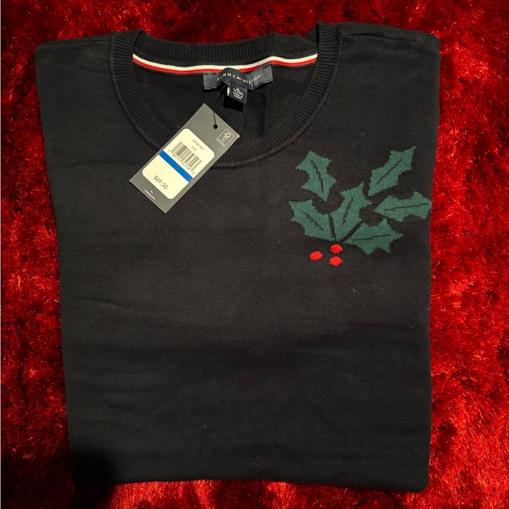 Women Tommy Hilfiger Blue Sweater with Green Holly Design